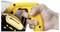 A hand is gripping the handle of a yellow electric saw, ready for use. The focus is on the trigger mechanism.