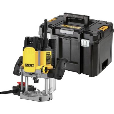 'DeWalt Router with Case. The router is yellow and black, features side handles, and comes with a robust transport case.'