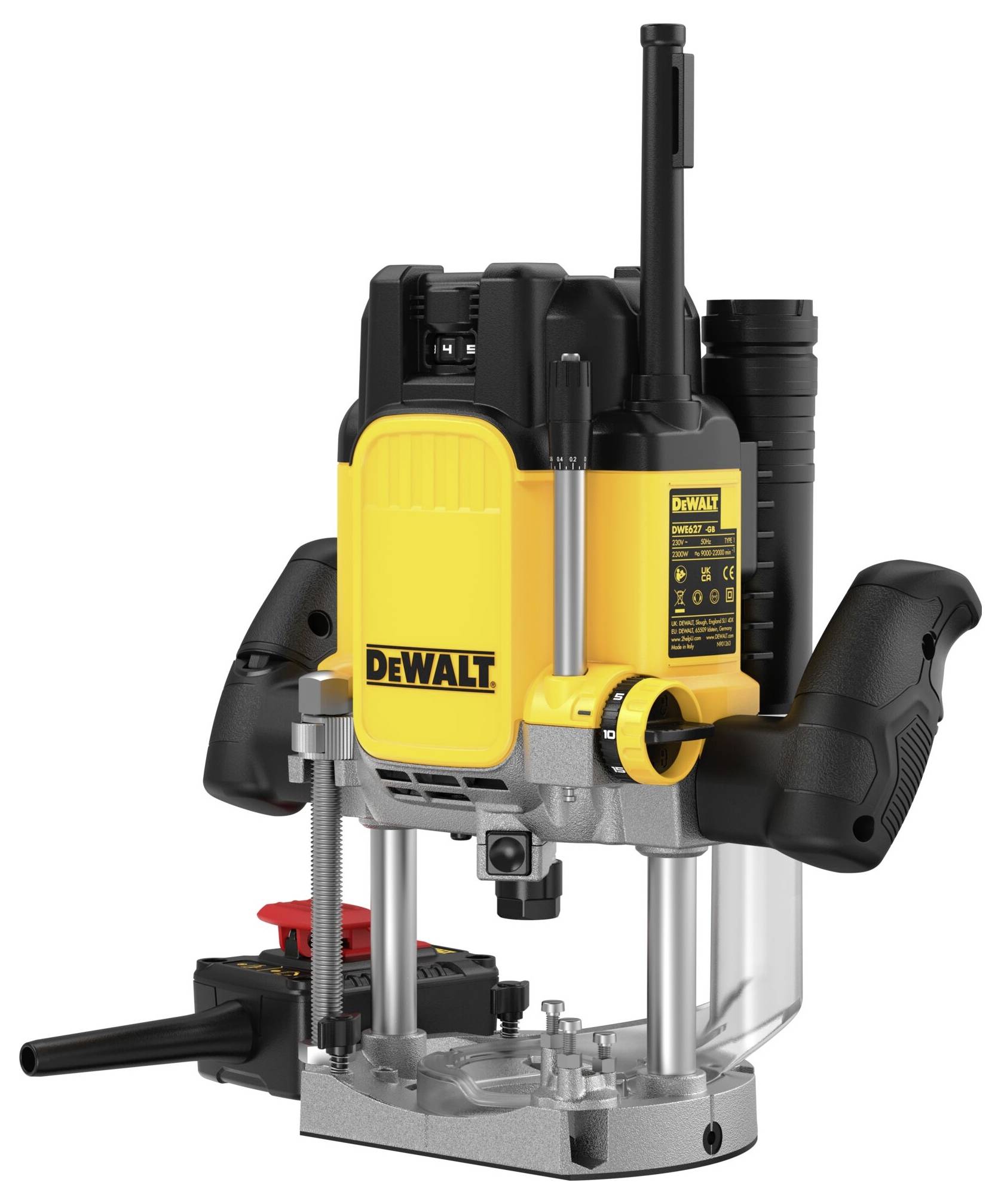 A yellow and black router with the brand name 'DeWalt' on the front, suitable for woodworking.