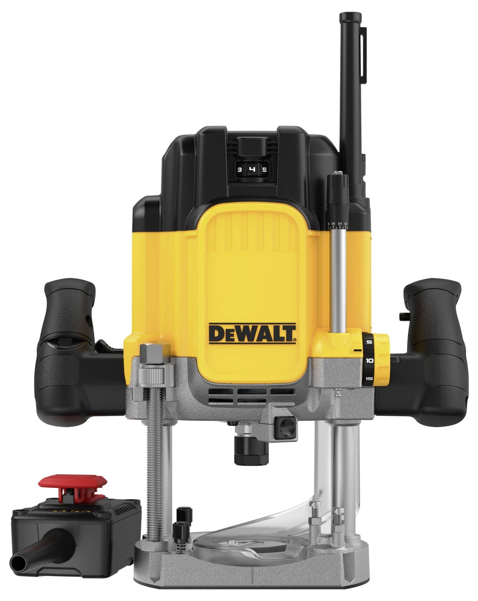 A yellow and black milling machine with the brand name 'DeWalt'. The device has two handles and a red adjustment dial on the side.