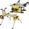 A yellow table saw with black accents and a matching mobile stand. The saw has a safety guard and control features.