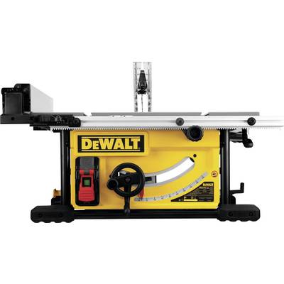 Yellow table circular saw with 'DeWalt' logo and black handwheel. Angle adjustment scale visible.