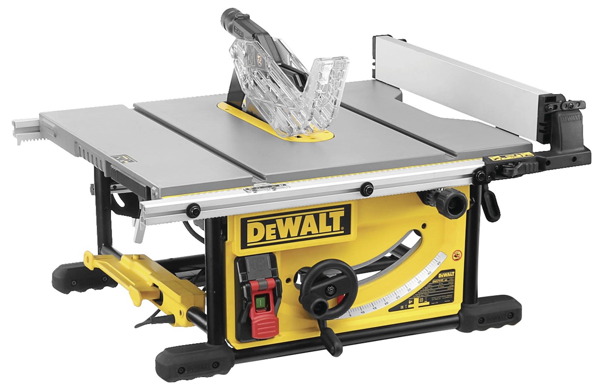 A yellow table saw with a black frame and grey work surface. 'DEWALT' logo printed on the front.