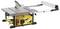 A yellow table circular saw with an extended work table and a guard over the saw blade. Marked with 'DeWalt'.