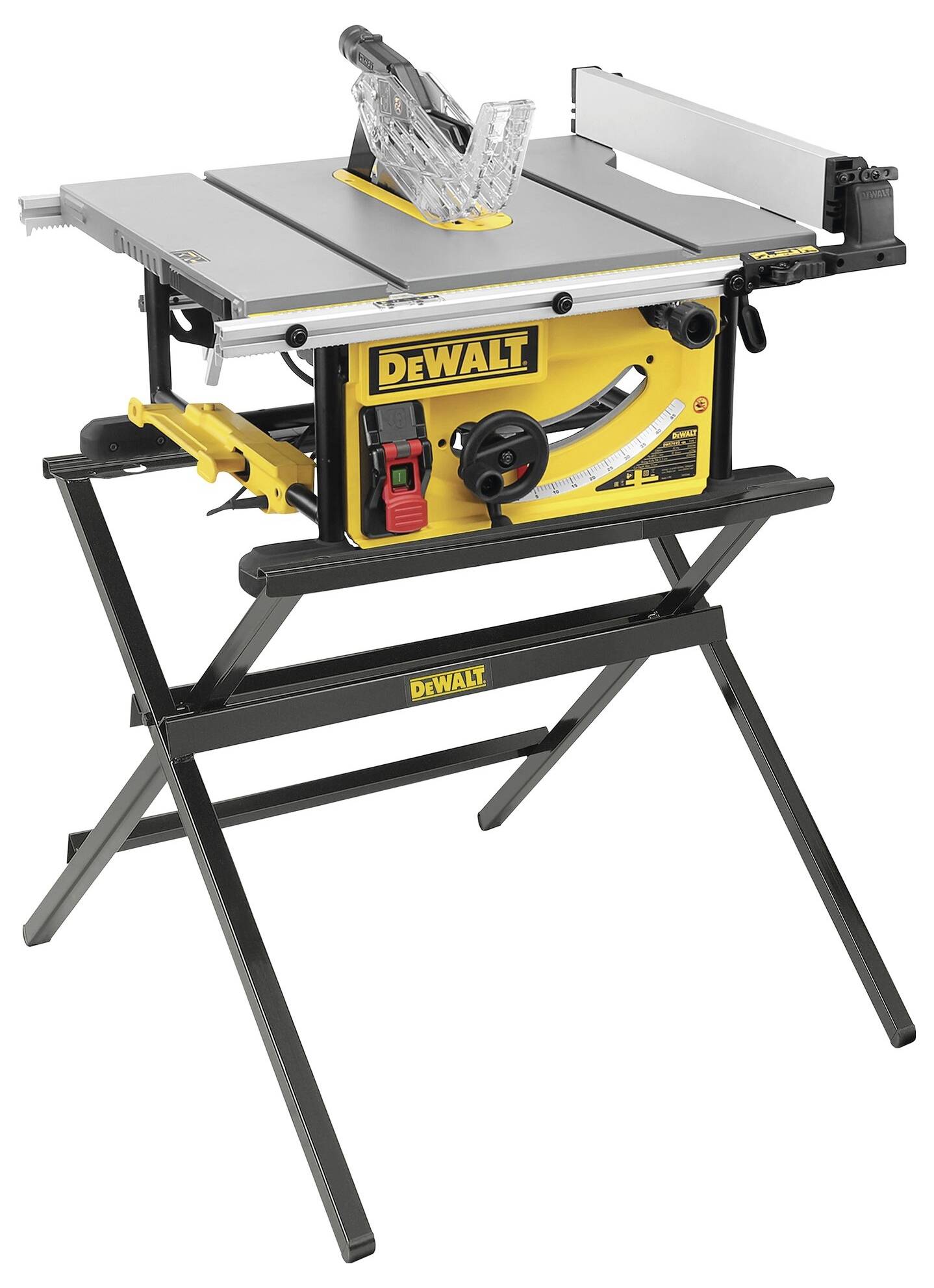 Portable electric table circular saw on a white background. It has a yellow body, black stand legs, and a silver work surface.