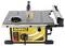 Electric table circular saw with a yellow casing and black DeWalt logo. Precision guide system for woodworking visible.