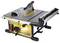 Table circular saw with a yellow casing mounted on a black steel frame. Cutting blade and protective guard positioned on top. Used in workshops.