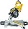 A yellow mitre saw with a black handle and scale on a rotating table, suitable for precise woodcutting work.