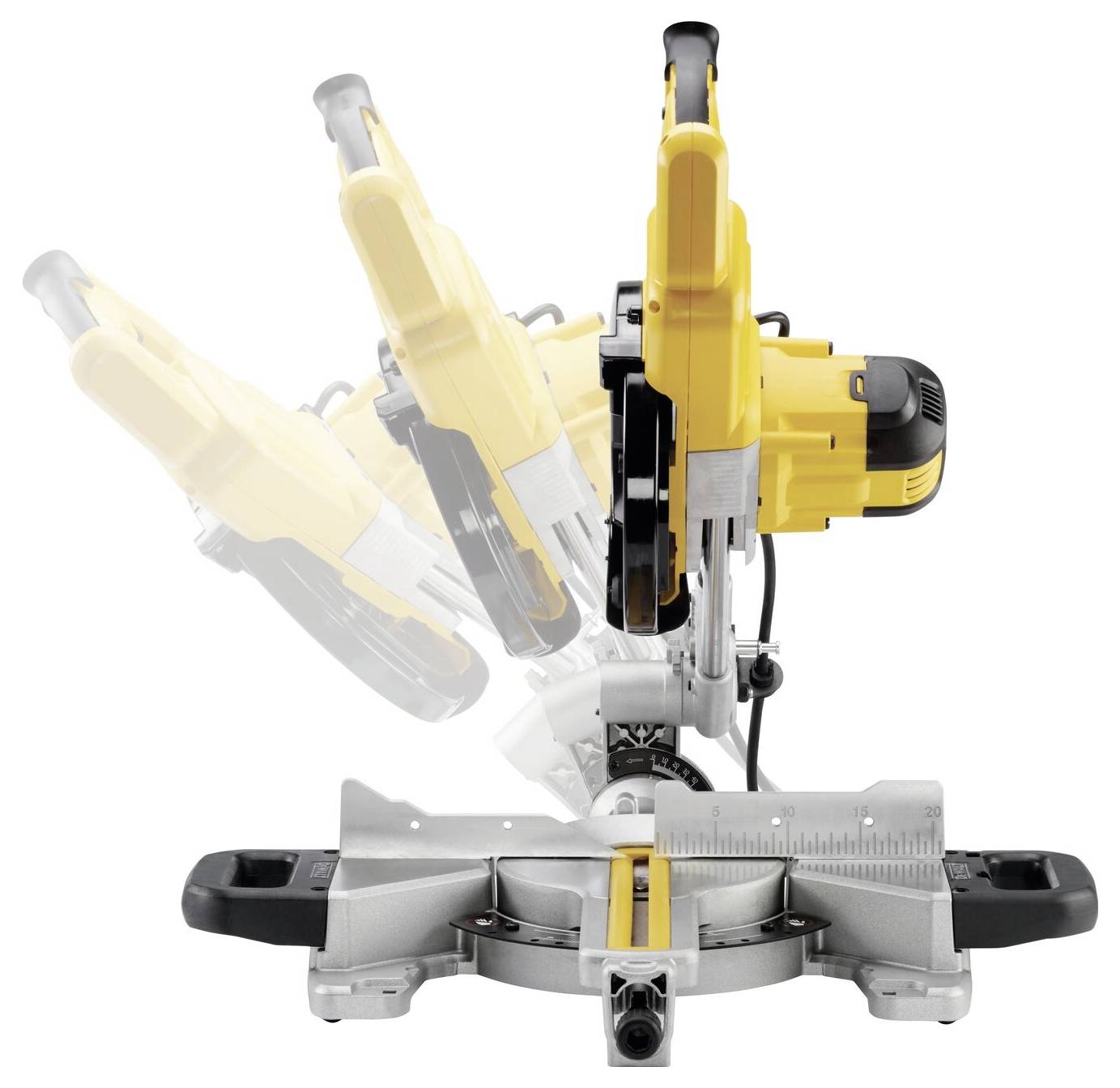 Electric mitre saw in action, demonstrating its adjustable cutting function. It is yellow and black with a clearly visible scaling system.