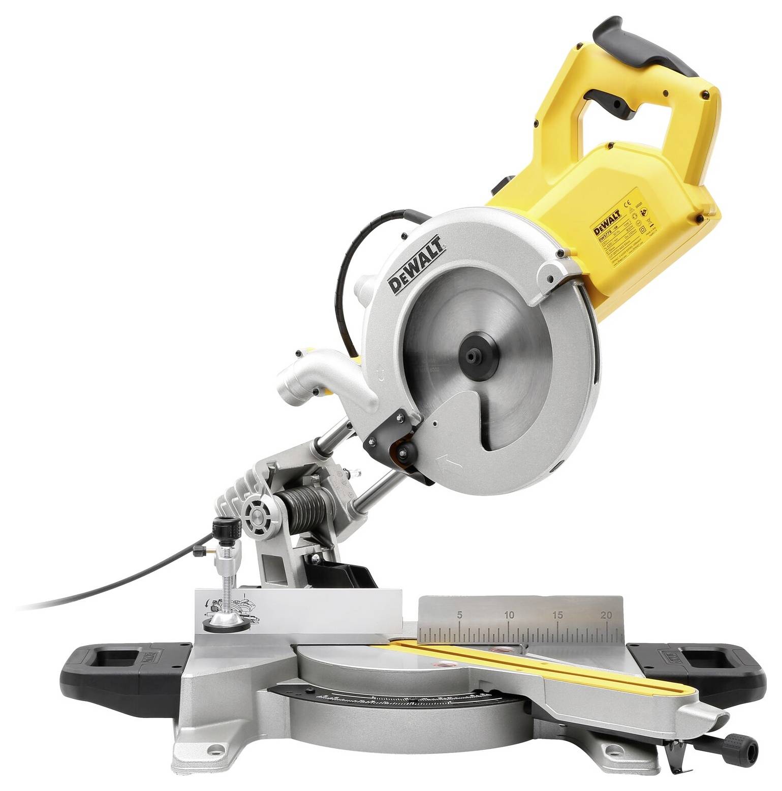 Mitre saw with yellow handle and metal blade on white background; suitable for precise cutting of wood or plastic.