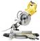 Mitre saw with yellow handle and metal blade on white background; suitable for precise cutting of wood or plastic.