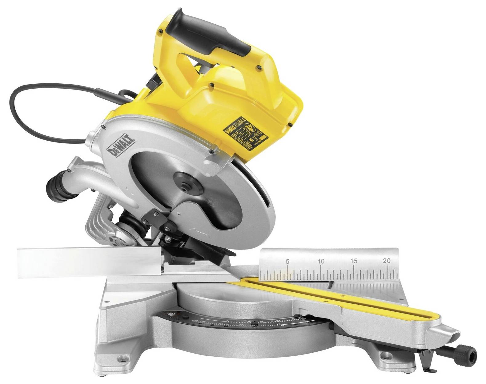 Yellow electric mitre saw mounted on a metal rail, with a scale for precise cutting. Saw blade positioned at an angle.