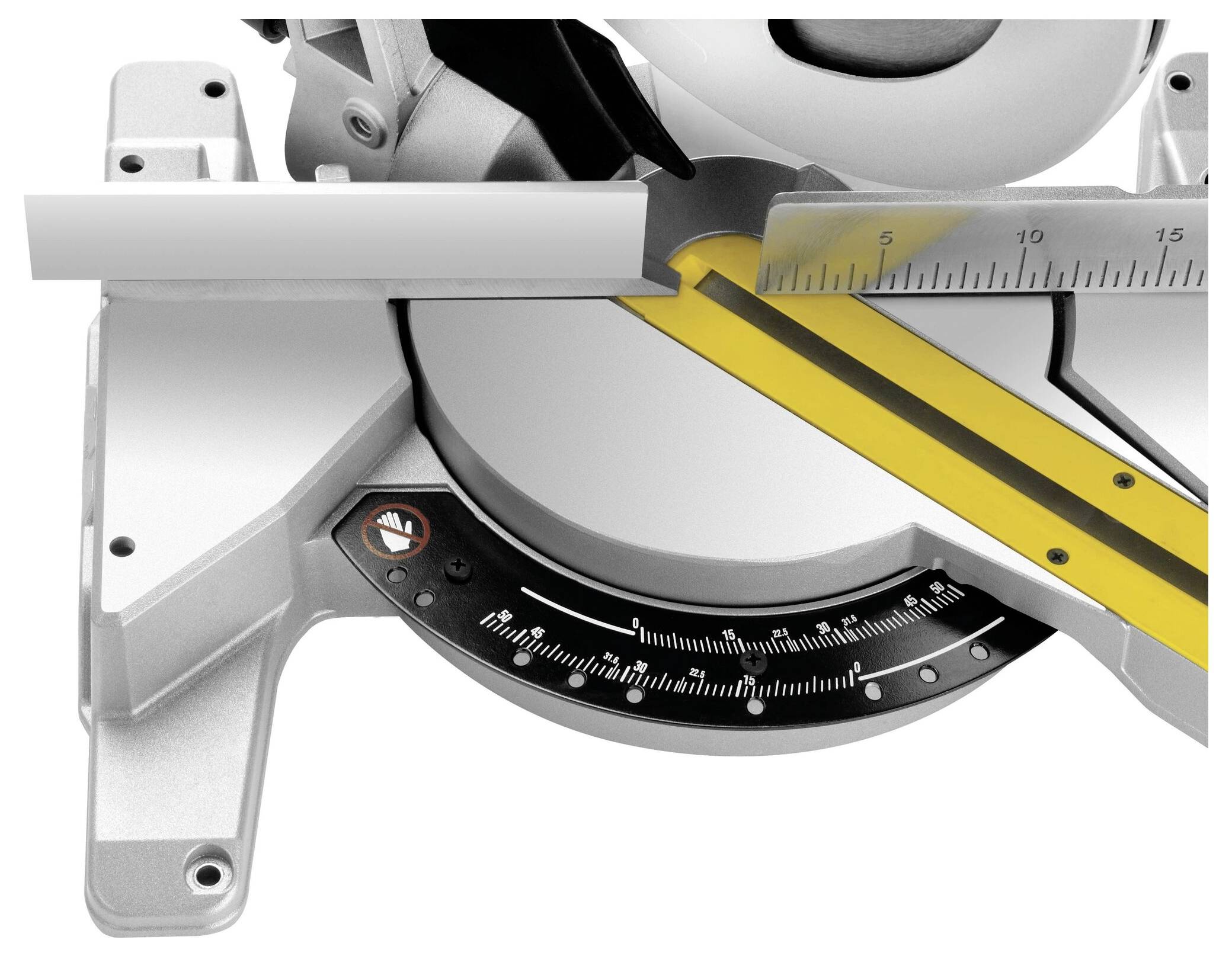 Mitre saw with measuring scale and angle setting, showing precise settings for accurate cutting.