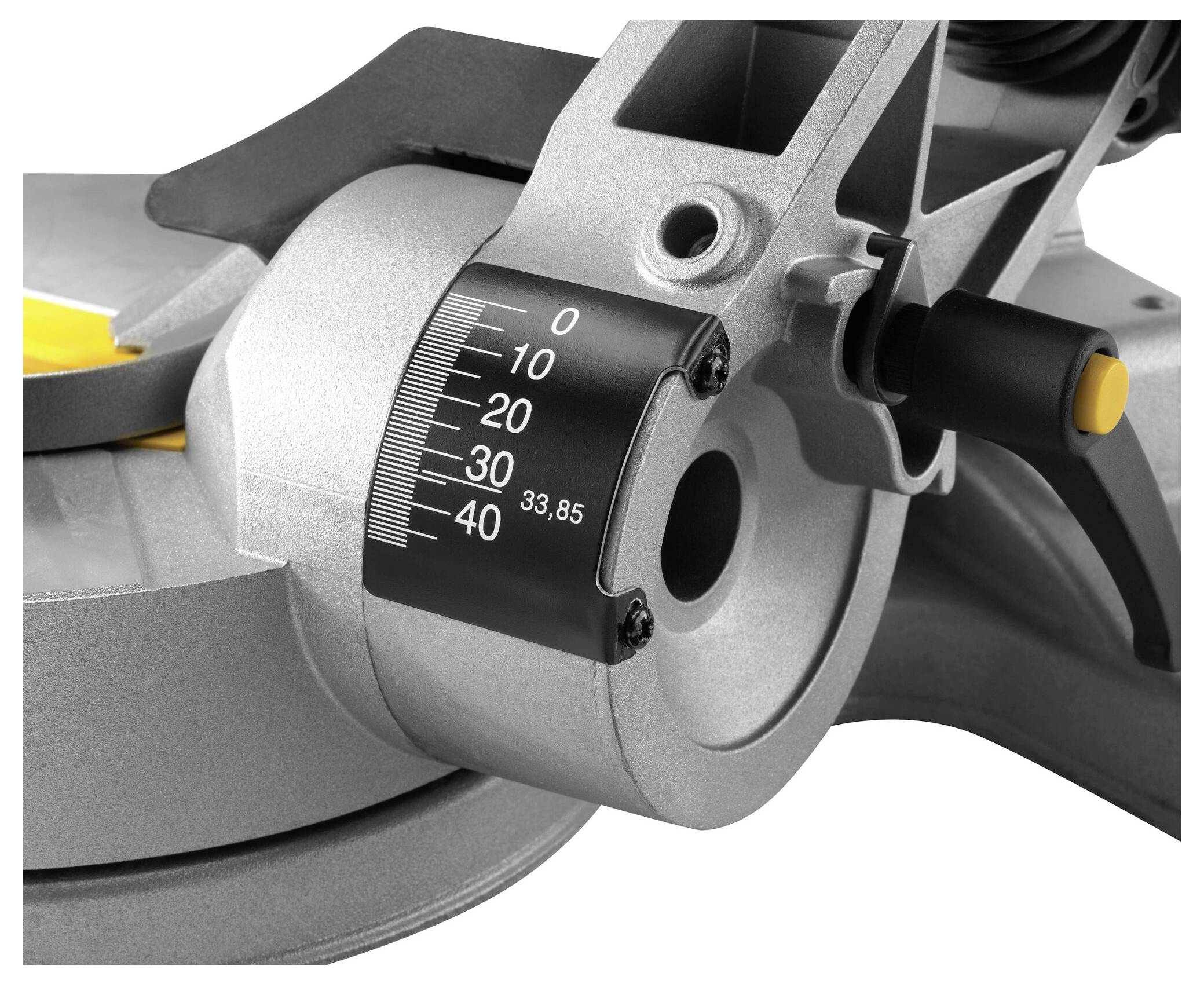 Close-up of a silver mitre saw component with an angle indicator showing 33.85 degrees. Critical for precise cutting.