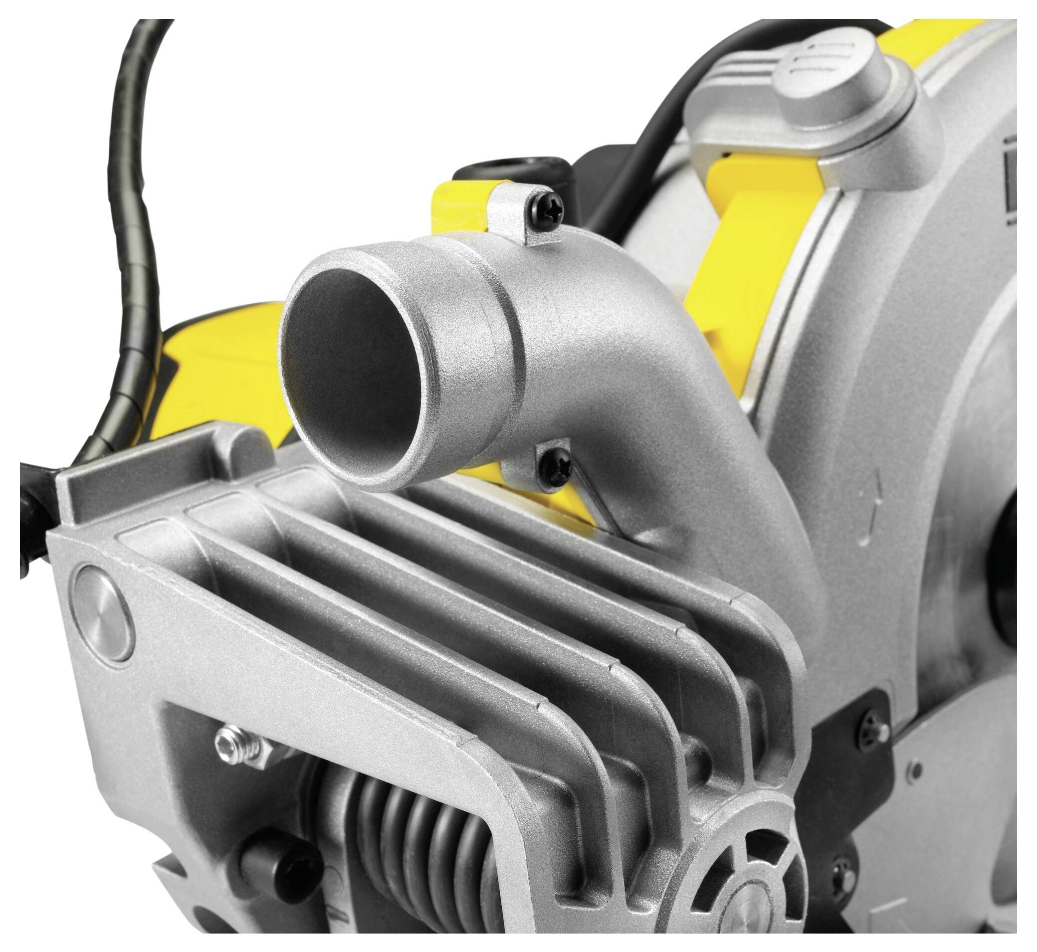 A close-up of an electric saw with yellow and silver components, showing how the machine is assembled.