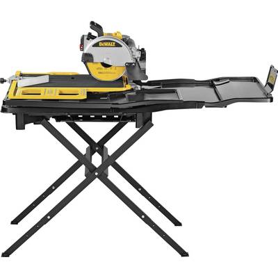 Tile cutter on a folding stand with yellow and grey components, suitable for precise tile cutting.