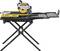 Tile cutter on a folding stand with yellow and grey components, suitable for precise tile cutting.