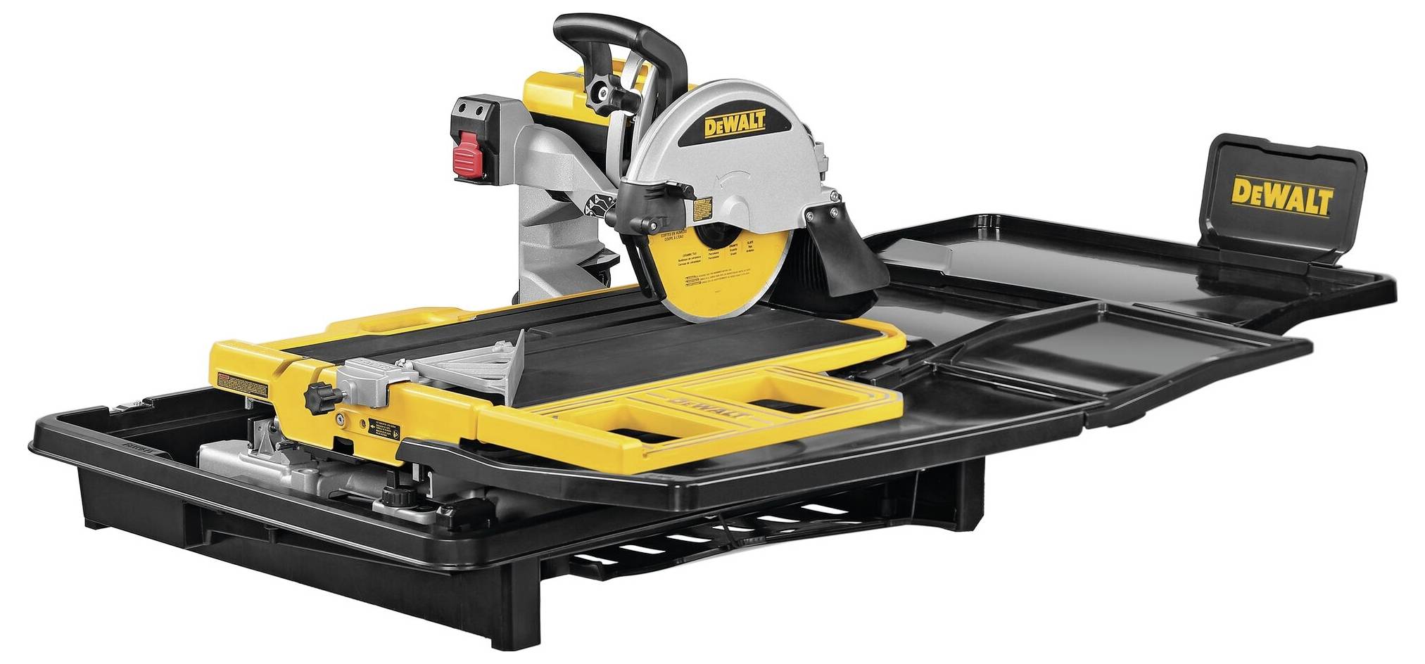A yellow and black DeWalt table saw on a workbench, used for precise cutting of materials.