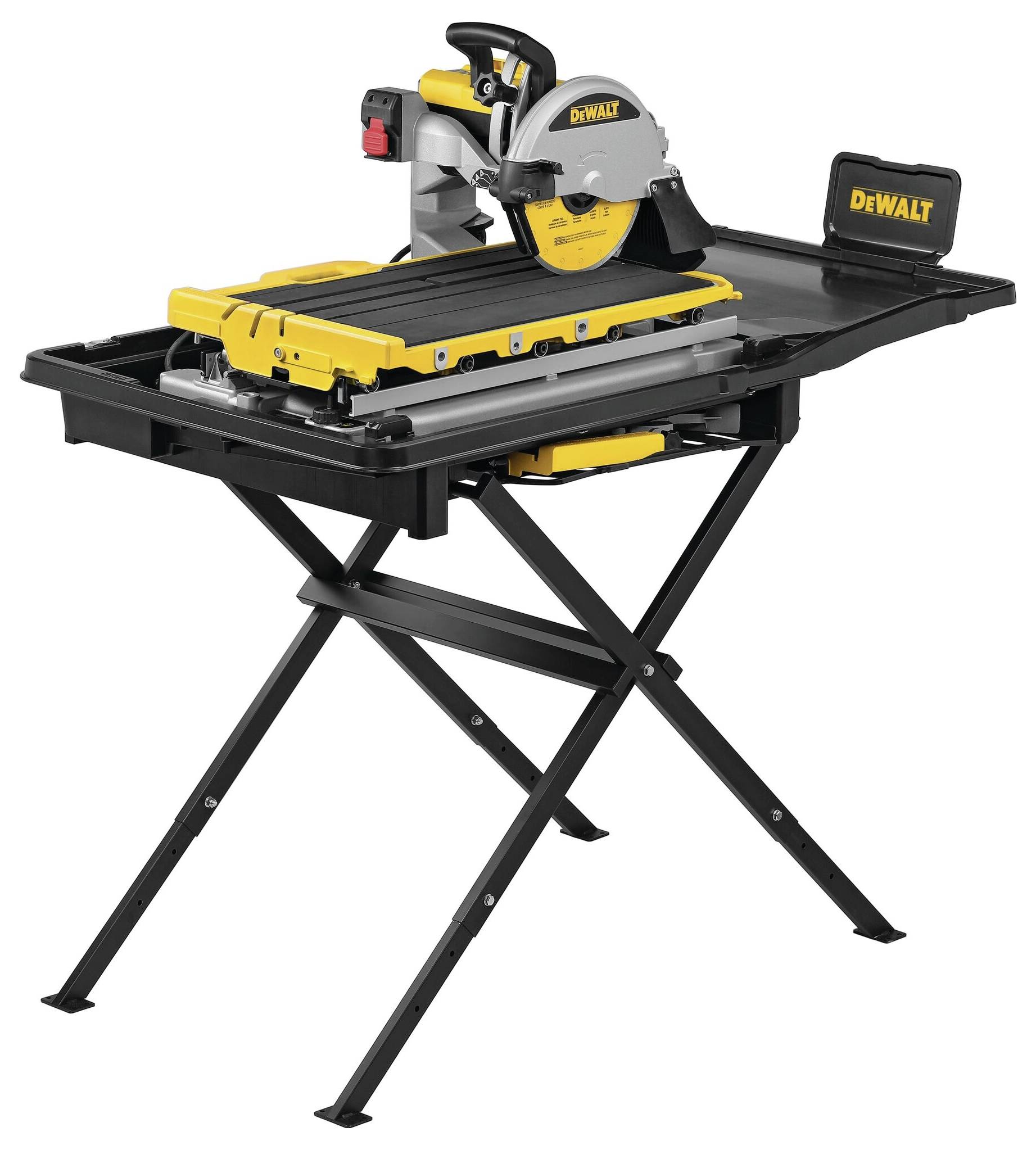 A yellow and black mitre saw on a folding stand, suitable for precise woodworking and metalworking.