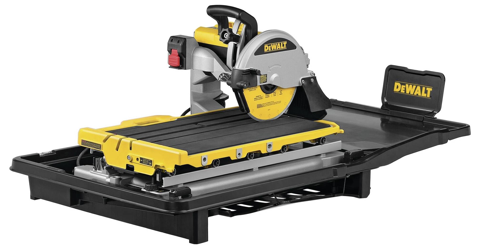 A yellow and black tile cutting machine with water system on a black base, suitable for precise cutting.