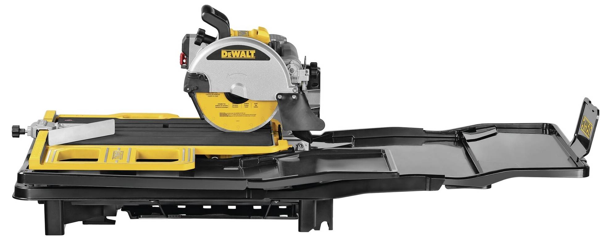 DEWALT tile cutter with yellow and black design, suitable for cutting tiles with water feed system.