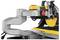 Electric mitre saw with yellow and grey casing placed on a table, ready to cut wood or other materials.