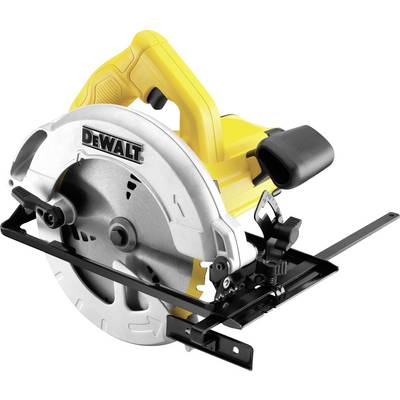 Yellow and silver DEWALT circular hand saw with protective cover and guide rail, side view.