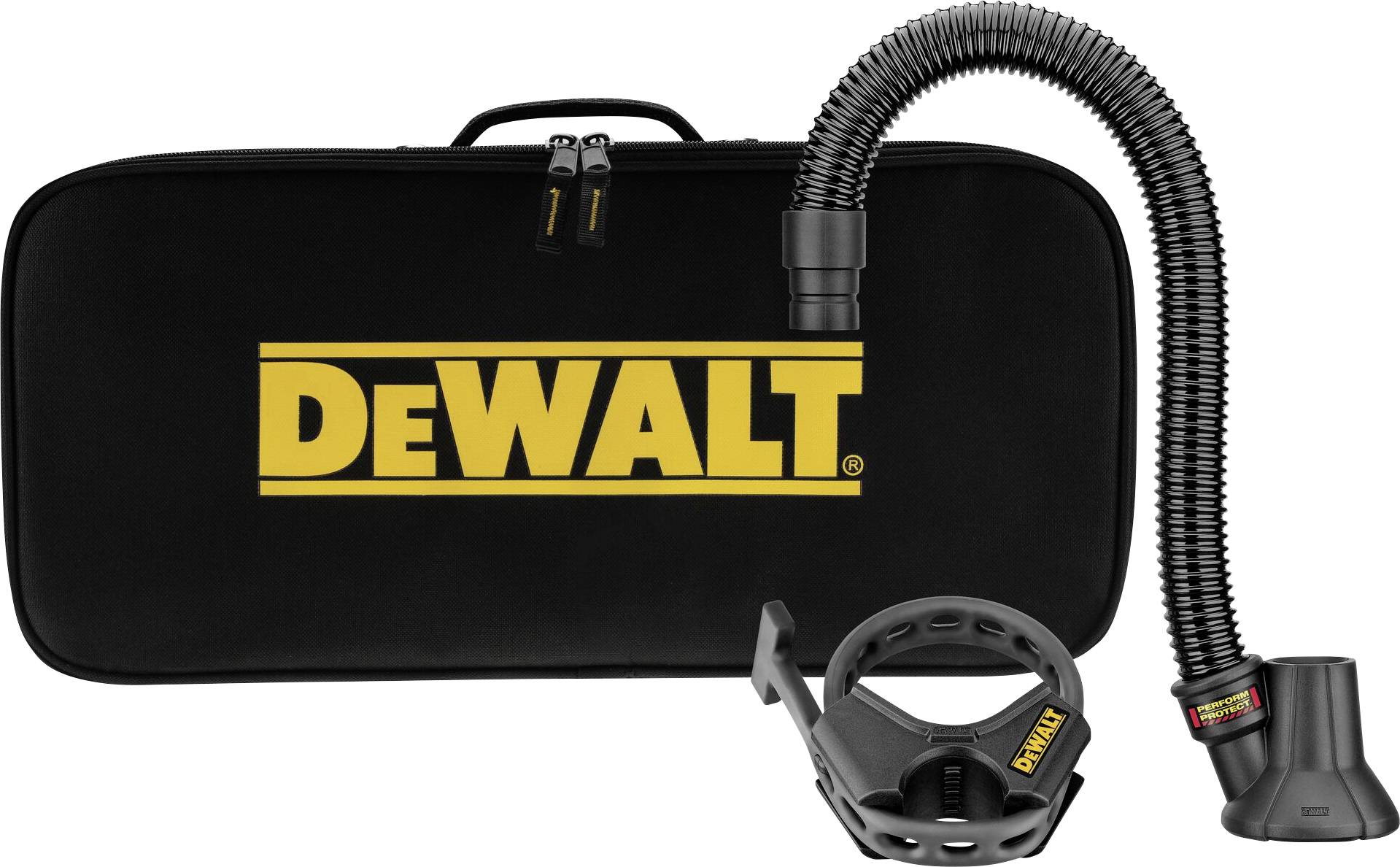Black DeWALT bag with yellow logo, flexible suction hose and mounting bracket. Construction site tool accessory.