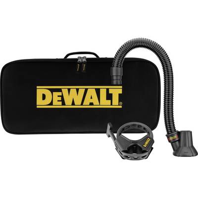 Black DeWALT bag with yellow logo, flexible suction hose and mounting bracket. Construction site tool accessory.