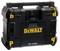 DEWALT portable tool case, black with yellow accents. Front side featuring a control panel and handle on top.