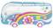 Inflatable air mattress in the shape of a colourful, stylised hippie van, adorned with flowers, hearts, and peace symbols.