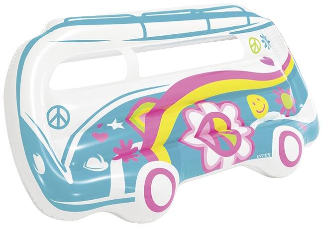 Inflatable, colourful air mattress in the shape of a retro van with floral decoration and peace sign, predominantly in blue and pink.