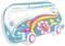 Inflatable, colourful air mattress in the shape of a retro van with floral decoration and peace sign, predominantly in blue and pink.