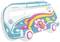 Colourful air mattress design in the shape of a van, adorned with flowers, peace doves, and hearts, in the style of hippie culture.