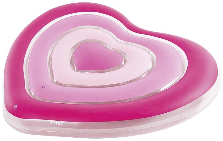 Inflatable heart-shaped air mattress in pink with white borders, suitable for use in water. Perfect for summer leisure activities.