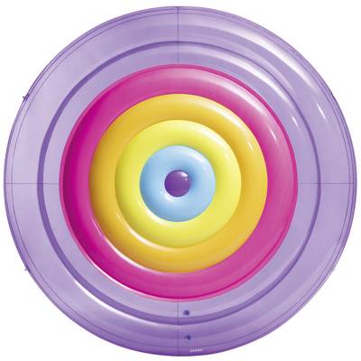 A three-coloured inflatable children's paddling pool in the shape of concentric rings, from the inside outwards: blue, yellow, pink, purple.