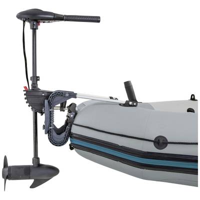 A dinghy motor is mounted on a grey inflatable boat. The motor is black with a propeller underneath.