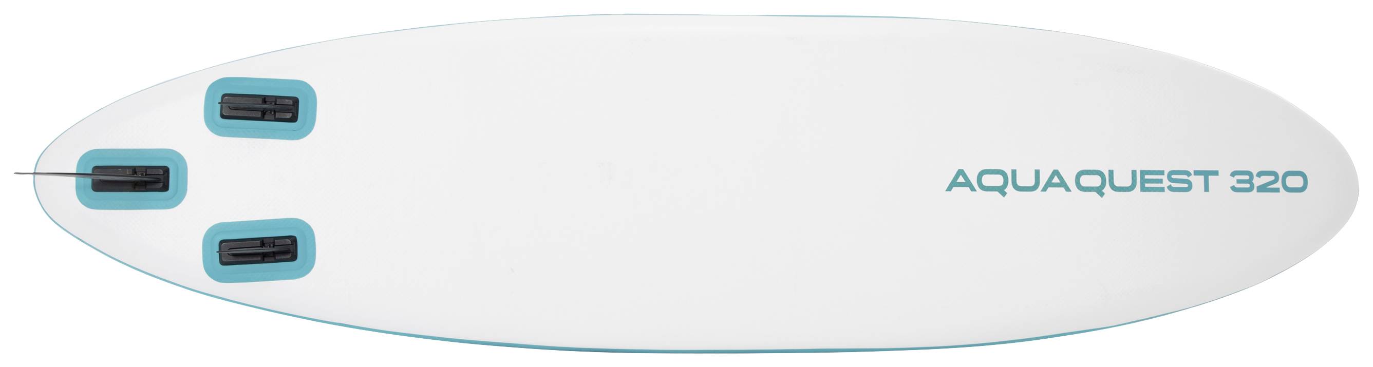 Surfboard viewed from above, white with turquoise fins and the lettering 'AQUAQUEST 320'.