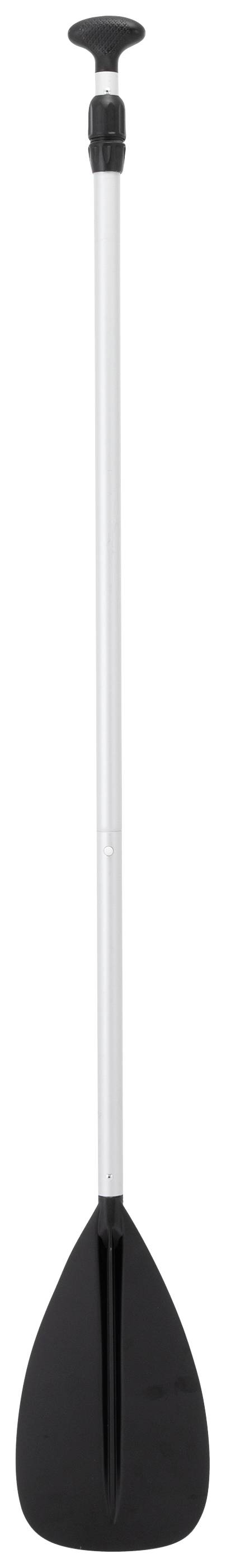 Paddle with a black plastic blade and silver shaft, suitable for stand-up paddleboarding.