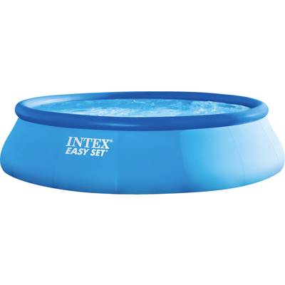 Inflatable blue swimming pool with 'INTEX Easy Set' printed on it. The pool is filled with water and shows a slight rippling movement.