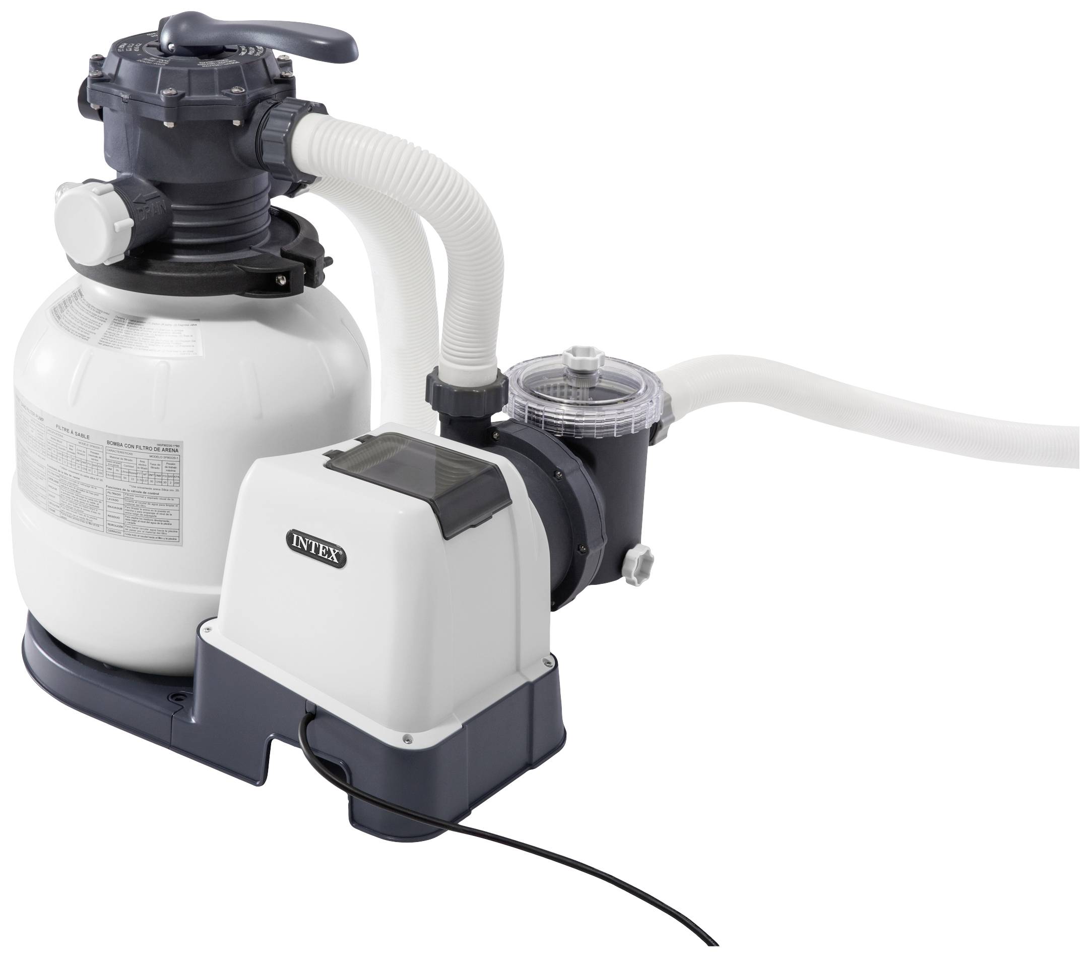 Intex sand filter system with pump and hoses for pool cleaning.