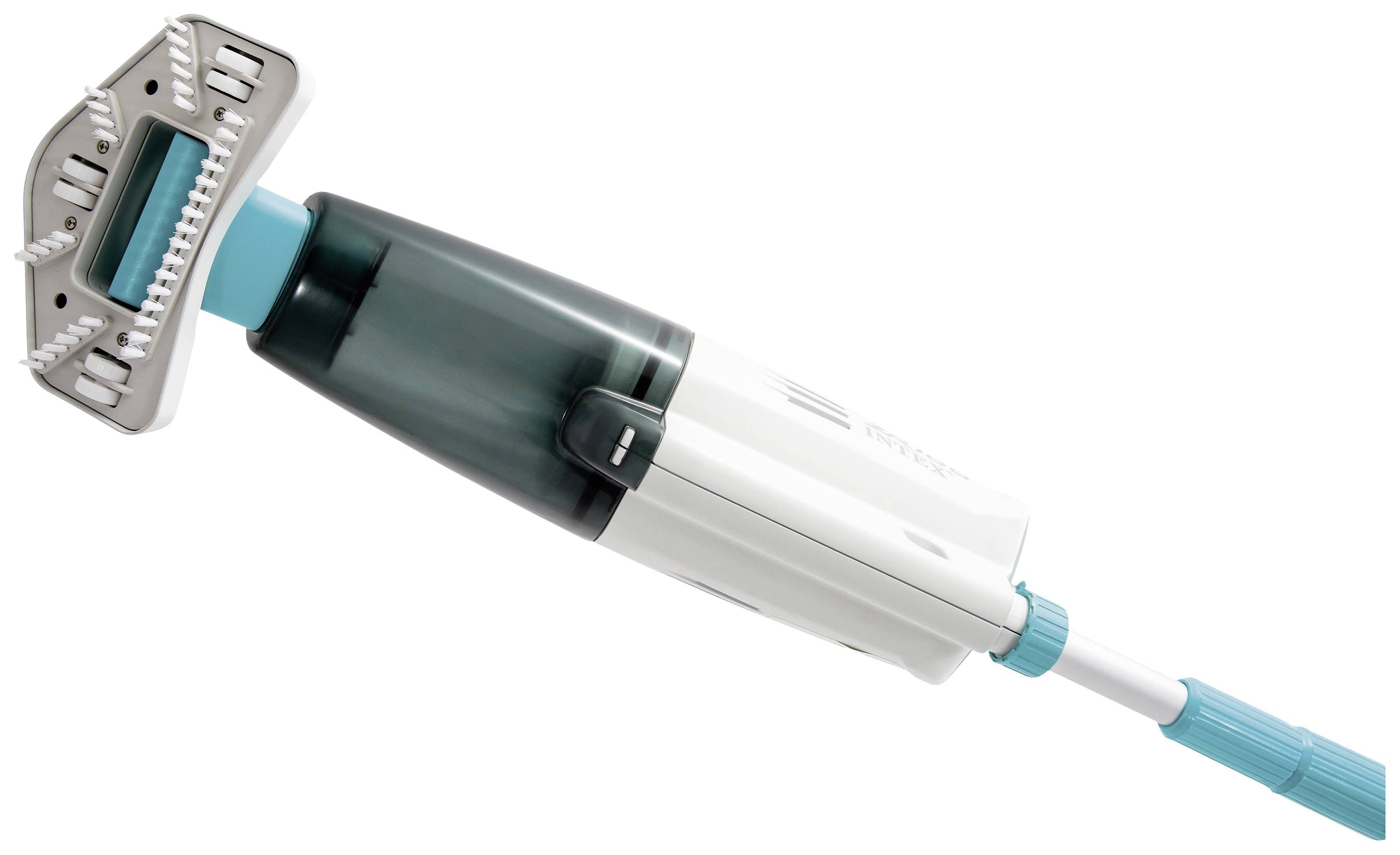 A cordless pool vacuum cleaner with a blue and white design, improved handle and brush head, suitable for cleaning pools.