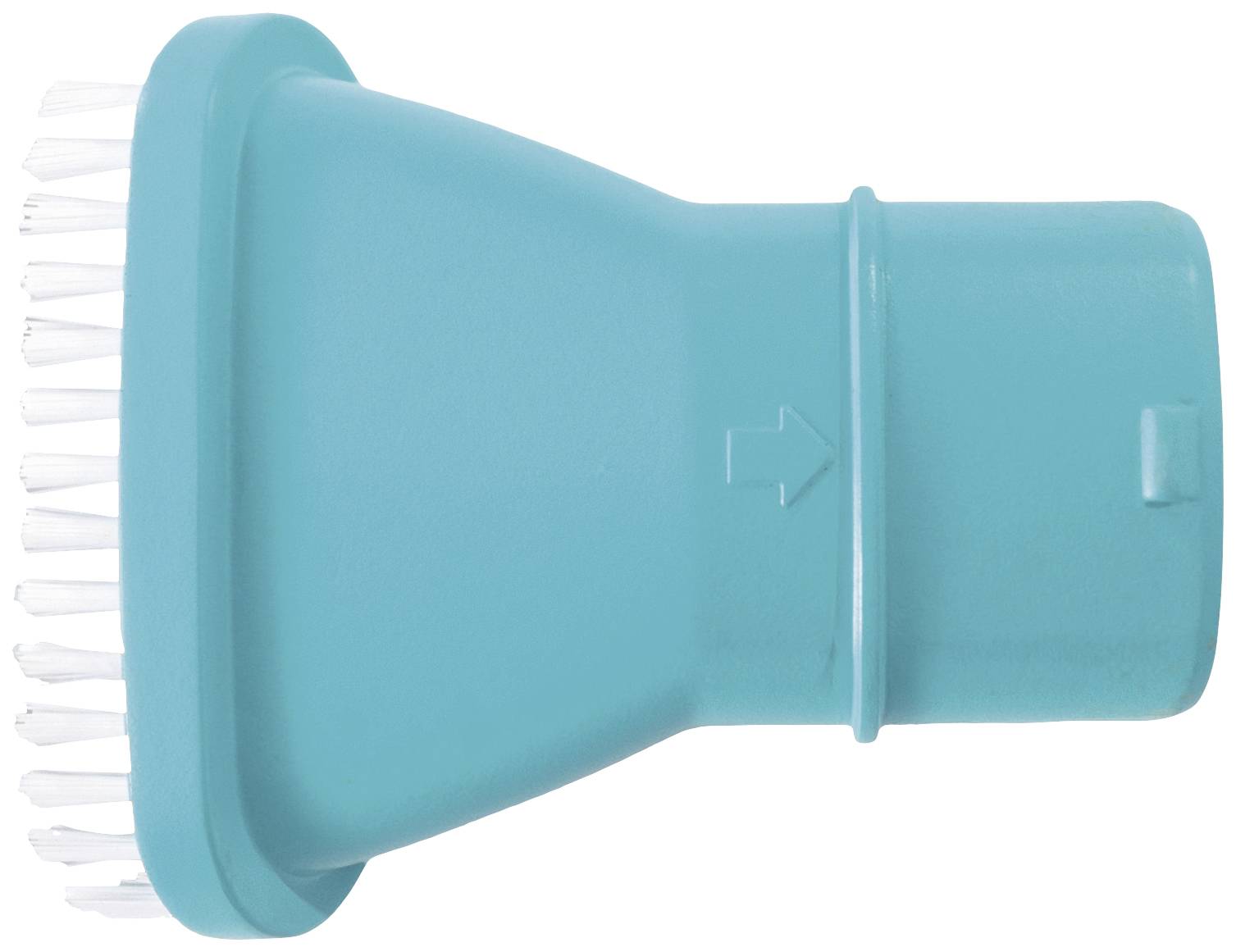 Turquoise plastic brush with bristles and a round handle, facing to the right.