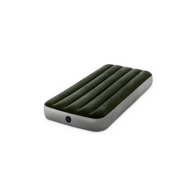 A green air mattress with a grey border, suitable for camping or guest beds, lies on a light surface.