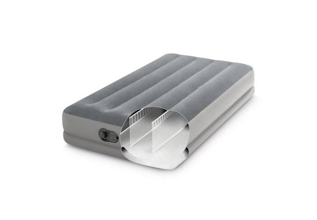 Grey air mattress with a cut-away view showing the internal air chamber design to demonstrate stability and comfort.