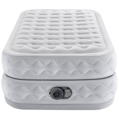 Grey, inflatable airbed with a wave pattern and built-in electric pump for height adjustment. Suitable for additional sleeping comfort.