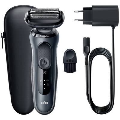 Electric razor with cleaning brush, travel case and charging cable. Brand name and model 'S6 SensoFlex' printed on the razor.
