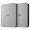 Two silver external hard drives with 'LaCie design by Neil Poulton' written on the front, standing side by side.