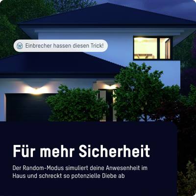 A modern house at night, illuminated. Text on the image: 'Burglars hate this trick!' Below: 'For greater security'.