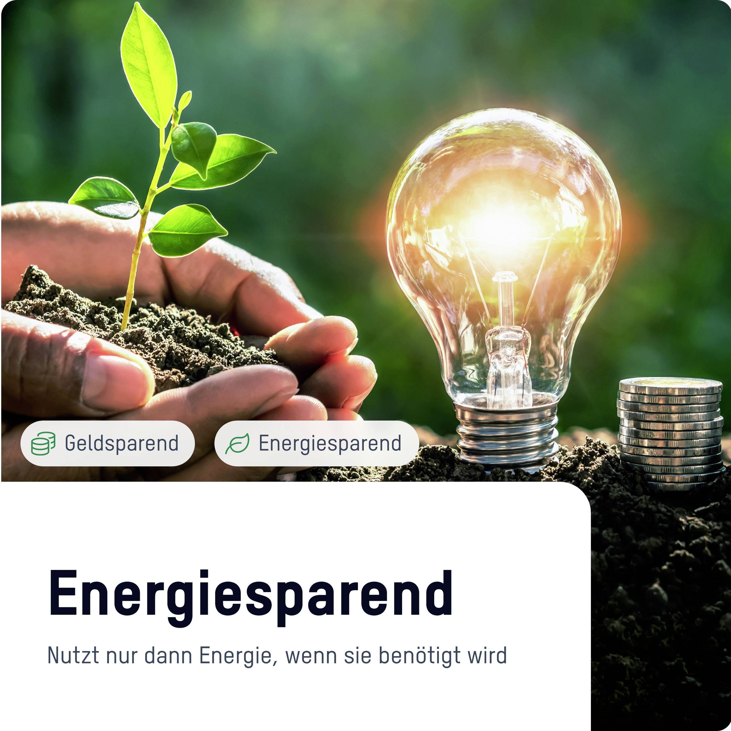 A hand plants a seedling next to a light bulb and stack of coins. Text: 'Energy-saving. Uses energy only when it is needed'.